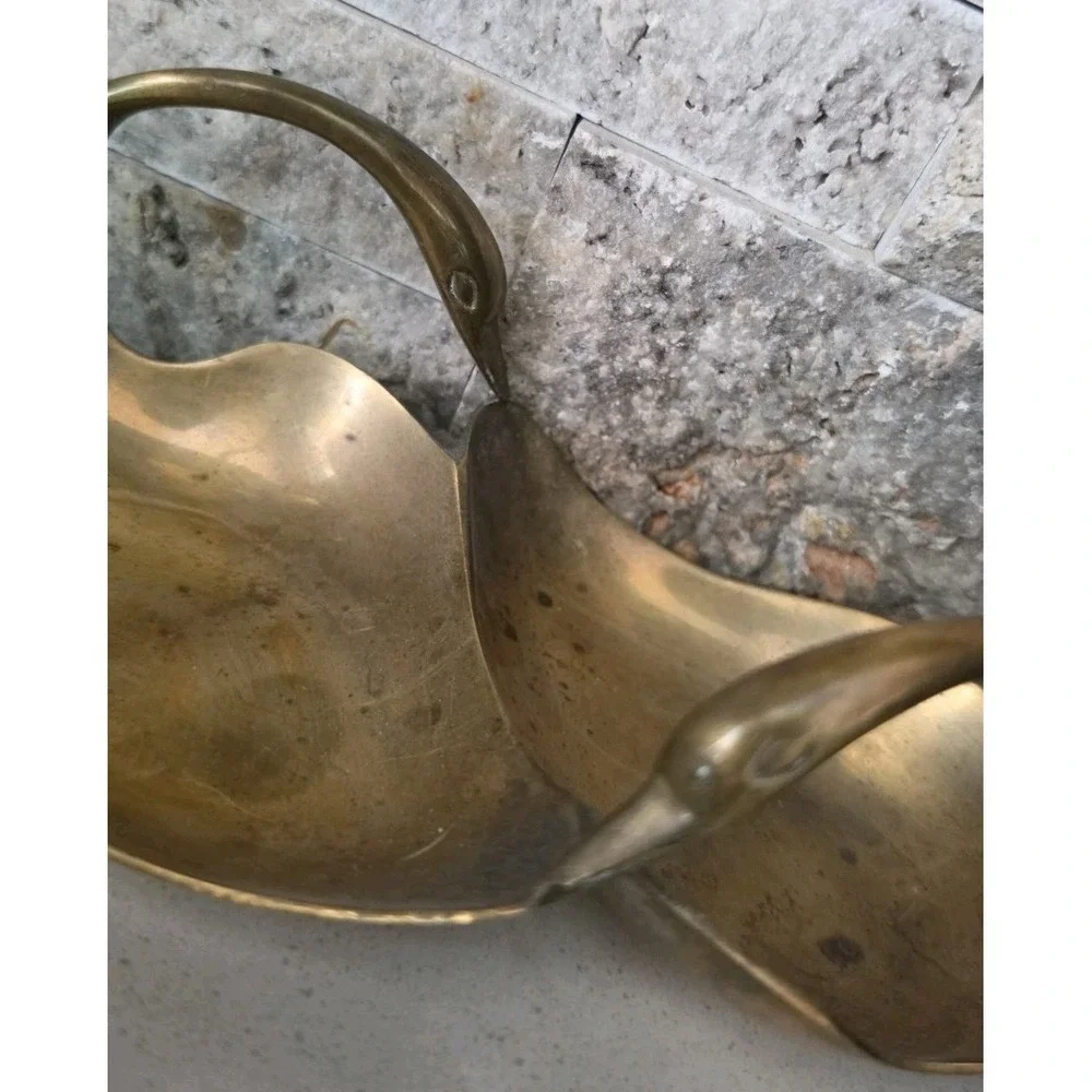 VTG Solid Brass Double Swan Dish GATCO India Trinket Candy Bowl Cottagecore SZ M